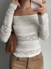 Livesso Women's Hollow Out Lace Top, Off-Shoulder Casual Vacation Street Style Crochet Beach, White Long Sleeve Top, Spring/Summer - White - View 3