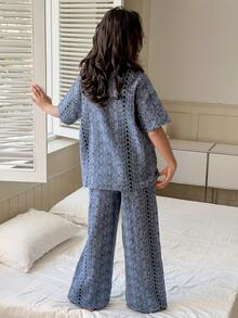 DAZY Tween Girl Floral Print Drop Shoulder Loose Shirt And Pants Pajama Set, Spring/Summer/Autumn - Blue - View 4