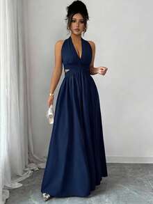 Rafferiza Đầm dài thanh lịch không tay cổ chữ V, thiết kế khoét eo, xếp ly, màu tím, hàng mới về mùa xuân/hè, đầm dài duyên dáng dành cho nữ. - Màu xanh hải quân - Xem 5