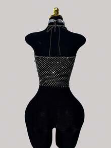 EgrlEra Tall Women's Rhinestone Fishnet Spaghetti Strap Camisole, Sexy Sheer Sparkly, Suitable For Holiday Party - Light Grey - View 2