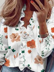 EMERY ROSE 女士休闲度假灯笼袖印花V领衬衫 - 彩色 - 查看 5