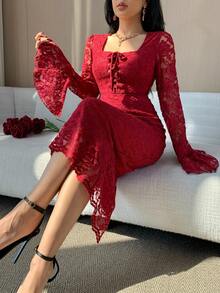 DAZY 女士优雅蕾丝方领喇叭袖系腰中长连衣裙，春夏婚礼宾客礼服/吊带裙 - 酒紅色 - 查看 1