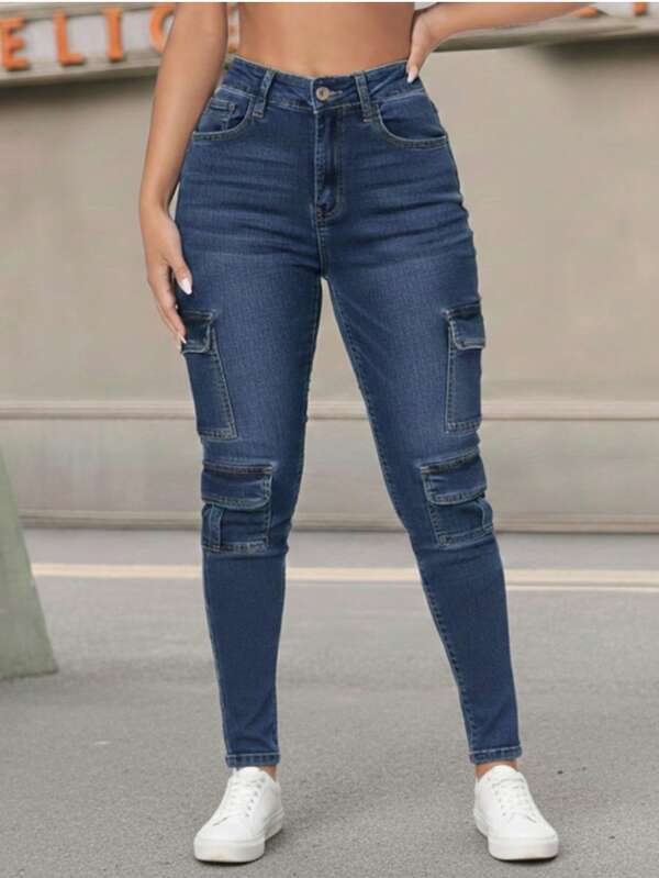 Pantalones pantalón mezclilla jeans mujer dama vaquero femenino vaqueros skinny fit bolsas bolsillos cargo cintura alta pierna ajustada ajustados strech versátil primavera verano casual diario urbano y2k aesthetic escuela trabajo ancho decorado vintage únicos confort día salida calle concierto festival música EDC bahidora vive latino