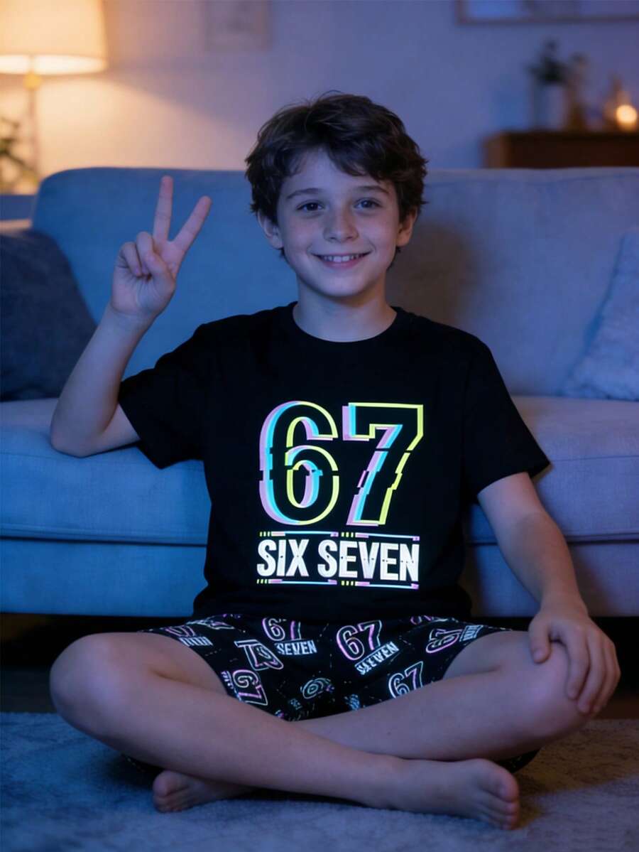 SHEIN 2pcs Tween Boy Pattern Of The Number 67 Summer Simple Casual Short-Sleeve T-Shirt And Shorts Loose Comfortable Home Pajama Two Pieces Set Night Vision Fluorescence Effect - Multicolor - View 1