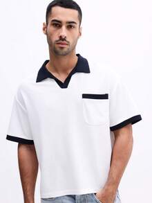 SUMWON Polo Shirt With Contrast Navy Collar And Trim Ribbed Chest Pocket Short Sleeve Casual Summer Top - White - View 5