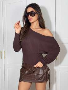 Ronhire Women's Autumn/Winter Exposed Shoulder Off Shoulder Long Sleeve Tight Ribbed Brown Sweater - Brown - View 1