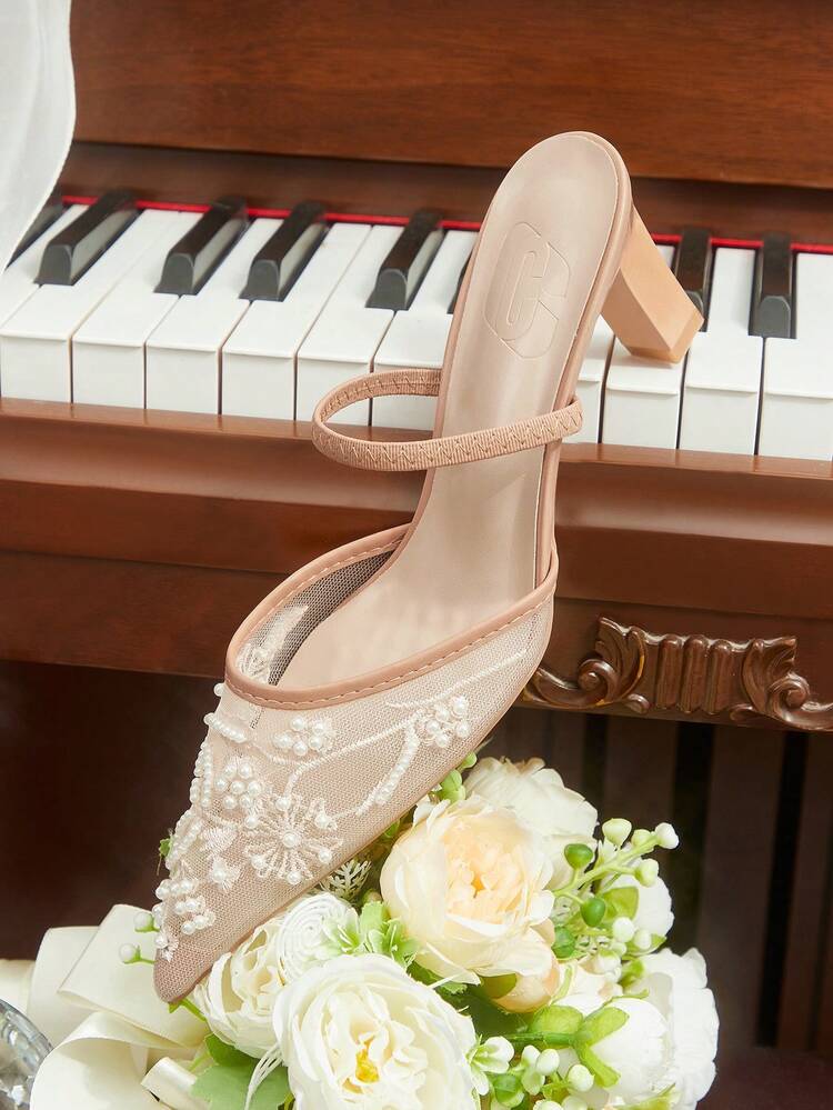 CUCCOO HITCHD Women Shoes Four Seasons New Embroidery Beaded Pointed Thick Heel High Heel Mesh Women's High Heel Shoes Instep With Dew Heel Shoes Elegant Temperament Fashion Wedding Valentine's Day Tea Elegant Wear