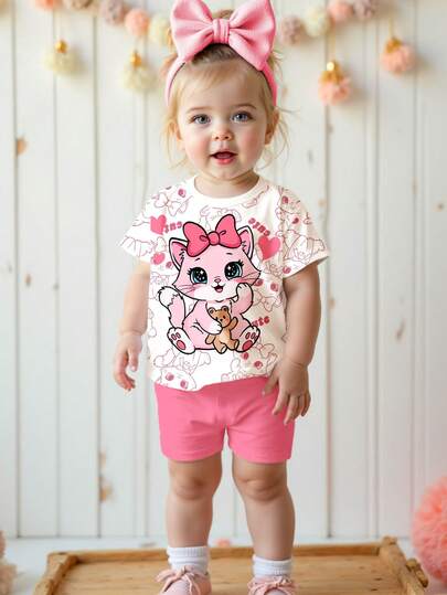 SHEIN 女婴可爱卡通猫咪动物印花宽松圆领短袖T恤和紧身骑行短裤套装，适合春夏日常穿着