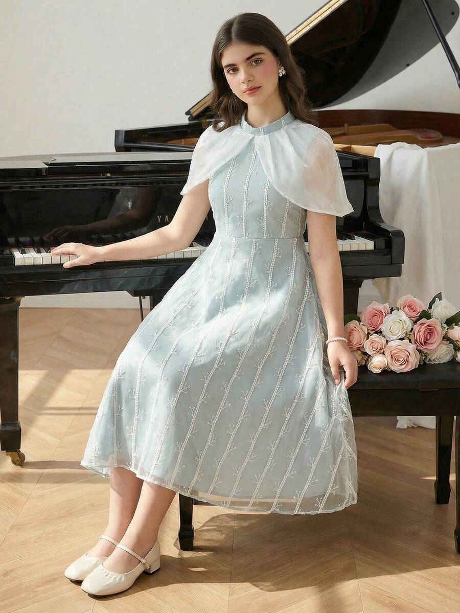 Girls' Elegant Party Long Dress, Pea Green Tulle Formal Gown - Green - View 1