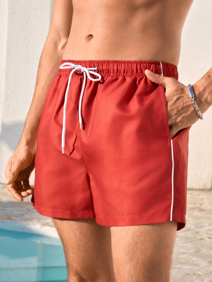 Manfinity VDAYZ Men's Elastic Waist Casual Drawstring Pocket Loose Beach Pants Men's Beachwear Men's Red Swim Shorts 5 Inch Inseam Swim Trunks Swimming Shorts For Men Red Swim Trunks For Men - Burgundy - View 1