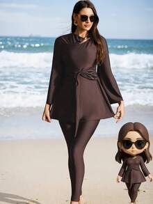 Swim Mulvari Women's 2 Pieces Burkini Set: Solid Color Long Sleeve Top With Flared Sleeves, Metal Buckle Collar & Long Waistband + Black Pants, Suitable For Spring Vacations - Brown - View 3