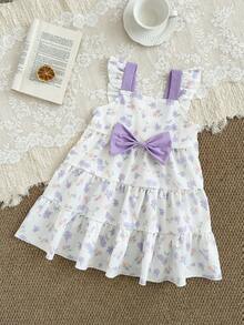 4-7岁女童夏季连衣裙，白色可爱碎花，紫色3D蝴蝶结领短袖A字裙，舒适柔软时尚休闲连衣裙，适合春夏外出，可作为礼物 - 紫色 - 查看 8