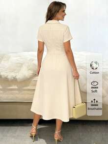 Easowa 女士纯色纽扣棉质连衣裙，半开襟优雅收腰中长连衣裙，适合约会和派对，春季女装，优雅连衣裙，休闲服饰 - 米色 - 查看 2