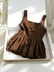 Lyxana Women's Elegant Summer Casual Button Detail Ruched Mini Cami Dress - Brown - View 2