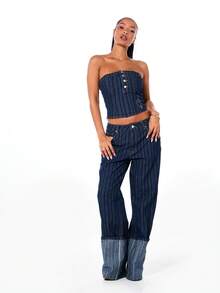 BABYPHAT Áo quây không dây bằng vải denim kẻ sọc cổ điển với chi tiết cúc phía trước, thích hợp cho mùa xuân hè và mặc hàng ngày. - Màu xanh lam - Xem 3