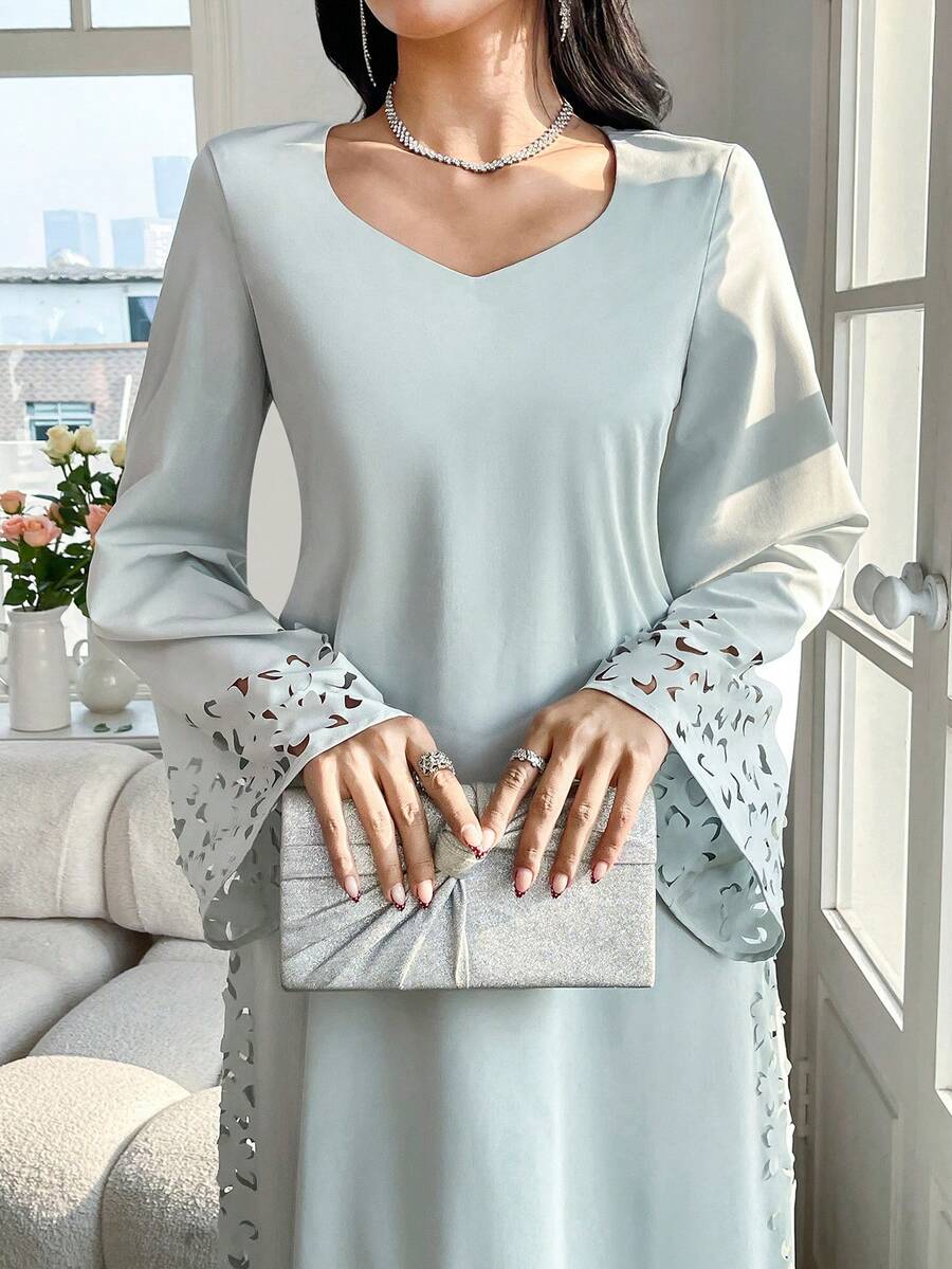 Yasmyna 女士常规肩部喇叭袖连衣裙，时尚简约设计，宽松版型 - 淺藍色 - 查看 1