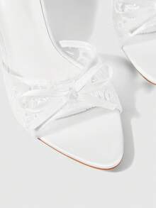 Sleekvia New Fashionable Versatile Rhinestone Bow Strap Stiletto High Heel Sandals For Christmas - White mesh - View 8