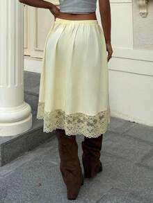 Muchica 女士黄色编织撞色蕾丝抽绳腰裙 - 黃色 - 查看 2