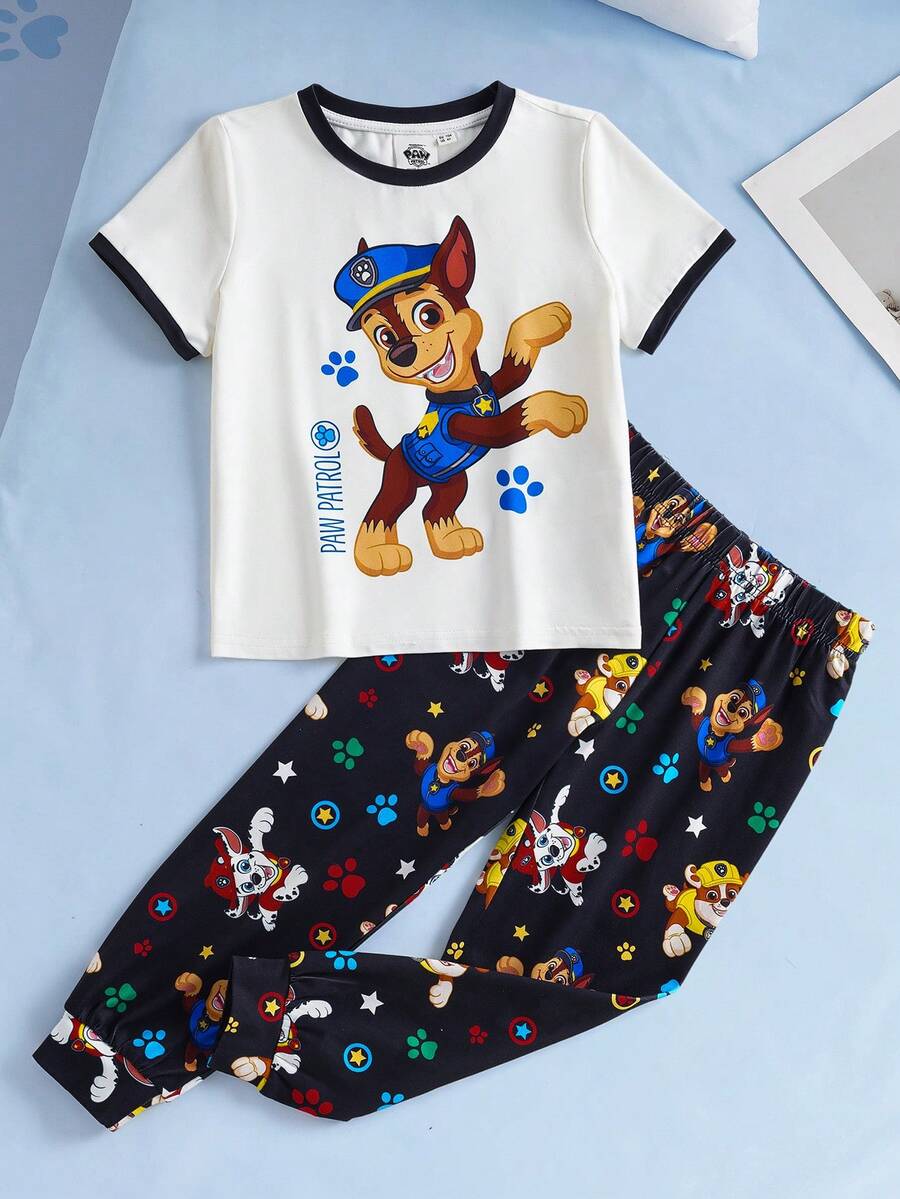 SHEIN | PAW Patrol Young Boy Summer Casual Dog Print Contrast Trim Round Neck Short Sleeve T-Shirt And Pants Pajama Set - White - View 1
