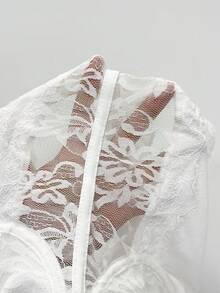 SHEIN PETITE Áo liền thân gợi cảm phối ren tương phản dành cho nữ - trắng - Xem 8