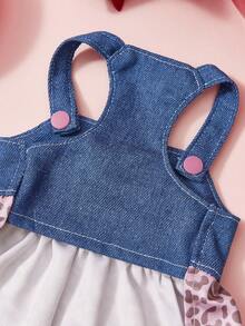 PETSIN 牛仔背带宠物连衣裙，带粉色爱心口袋 - 粉色豹纹荷叶边裙摆狗狗套装，适合小型犬和猫咪的可爱休闲夏季连衣裙 - 藍粉 - 查看 6