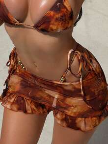 SHEIN Swim Women's Brown Summer Casual Vacation Holiday Beach Patchwork Print Ruffle Hem Cover-Up,Beaded Knotted Bikini Bottom,Triangle Swim Trunks Skirts - Multicolor - View 4