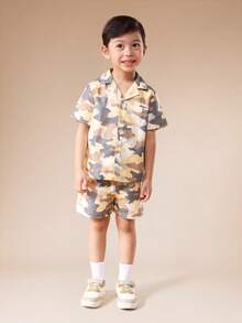 SUMWON Oversized Jungen Camouflage Poloshirt und Shorts Set Sommer Button Down Kragen Casual Zweiteiler Outfit Kinder Kurzarm Matching Co-Ord Set Urlaub - Aprikosenfarben - Übersicht 7