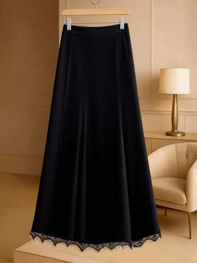 GlowEve CURVE Plus Size Women's Early Spring Classic Black Simple Elegant Lace Trim Skirt