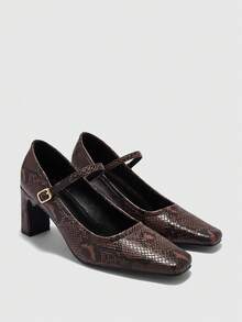 CUCCOO BIZCHIC Women's Fashion Snake Skin Square Toe Buckle Office Commute Strap High Heel Pumps, Spring/Autumn Valentine's Day - Redwood - View 7