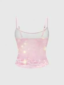 ROMWE Kawaii 可爱小鹿仙女翅膀和星空浪漫性感吊带背心和低腰喇叭裤女式两件套，春夏款 - 粉色 - 查看 6