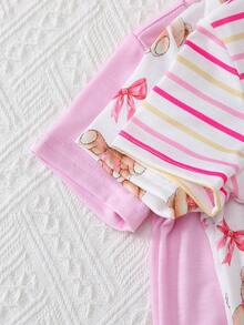 SHEIN Playful Pals Bộ 6 món cho bé gái sơ sinh 0-3 tuổi, mùa xuân hè, kiểu dáng dễ thương, áo thun và quần short họa tiết thỏ, màu trơn và kẻ sọc. - Hồng - Xem 5