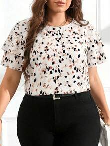 Reflora Elegant Plus Size Round Neck Double Layer Sleeve Geometric Polka Dot Print Loose Blouse - Apricot - View 2