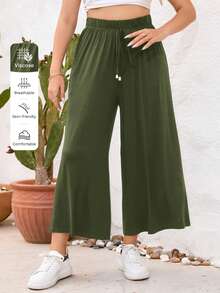 SHEIN Essnce Quần ống rộng dáng suông màu trơn dành cho nữ cỡ lớn, đa năng, thích hợp mặc hàng ngày, đi nghỉ mát và đi làm. - màu xanh lá - Xem 1