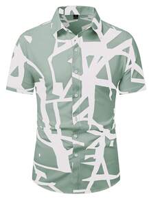 Manfinity Homme 男士休闲日常印花短袖衬衫，夏季款 - 橄欖綠 - 查看 3