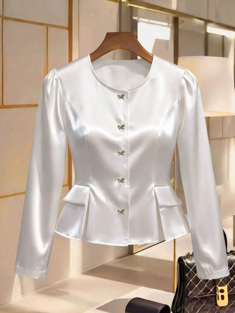 GlowEve CURVE Plus Size Women's Elegant U-Neck Long Sleeve Blouse, Suitable For Commuting In Early Spring - Apricot - View 1