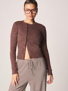 MISSGUIDED Ribbed Knit Cardigan With Button Front Long Sleeve Round Neck Cropped Sweater For Fall Winter Layering - Coffee Brown - View 1