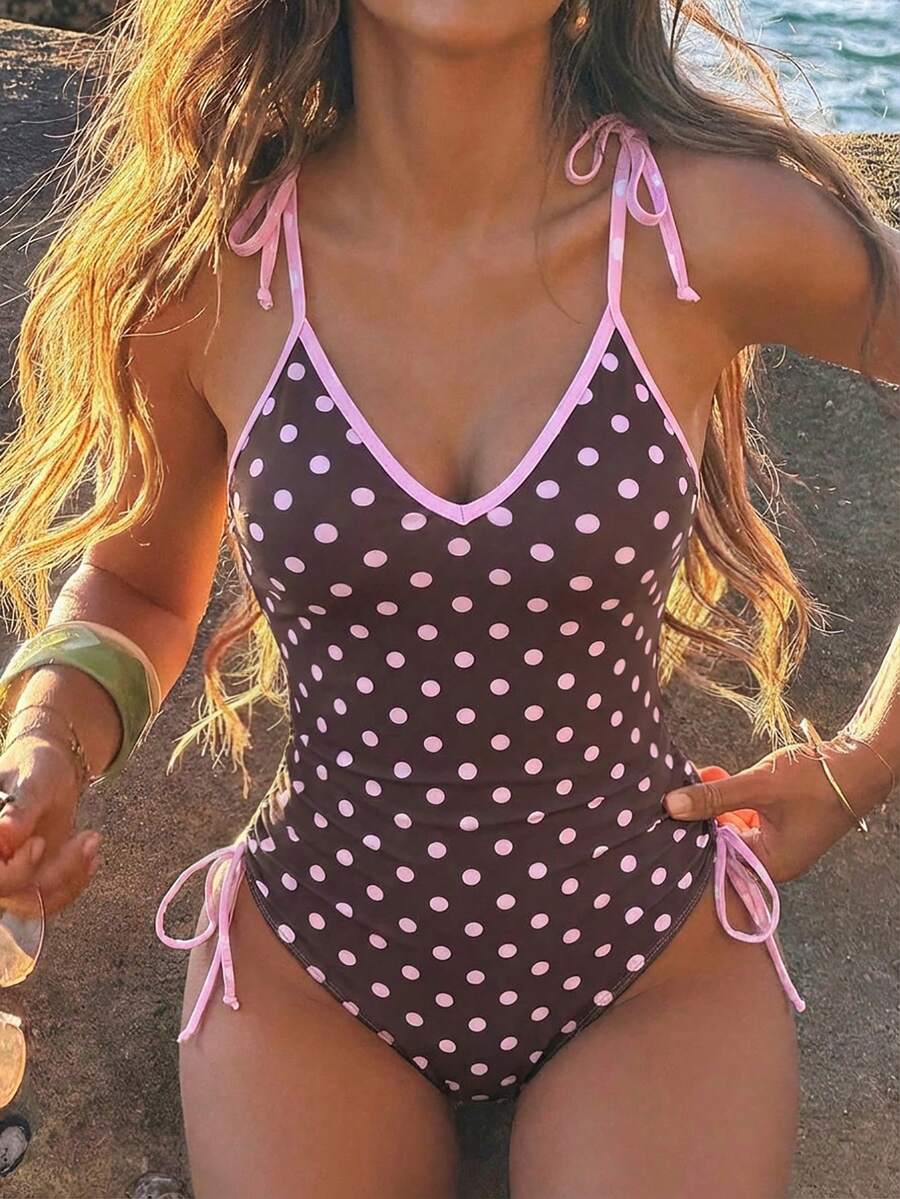 Swim Mod-D 女士波点随机印花细肩带系带连体泳衣，春夏款 - 彩色 - 查看 1
