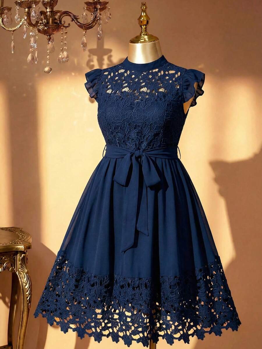 Rometta Plus Size Halloween Women Elegant Stand Collar A-Line Dress With Flyaway Sleeves, Lace Patchwork, Cinched Waist, French Chic Style - Navy Blue - View 1