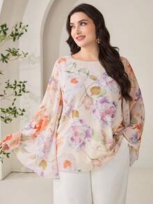 Veilorie Plus Size Women Elegant Floral Print Loose Fit Round Neck Blouse, Autumn - Multicolor - View 3