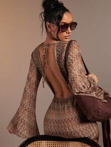 Hauture Women's Sexy Deep Cowl Neck Long Sleeve Textured Patterned Crochet Striped Backless Mini Dress - Multicolor - View 6