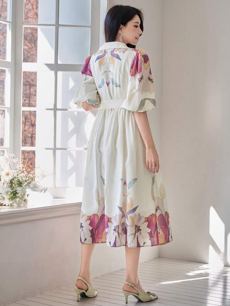 Women's Elegant Floral Print Long Dress With Lapel Collar, Puff Sleeves And Belt, Summer Wedding Guest Dress Sundress