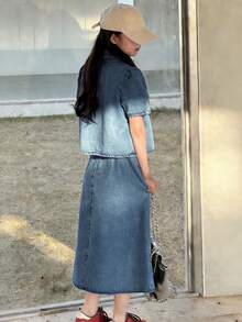 DAZY Tween Girls Puff Sleeve Top And Denim Skirt Set - Medium Wash - View 2