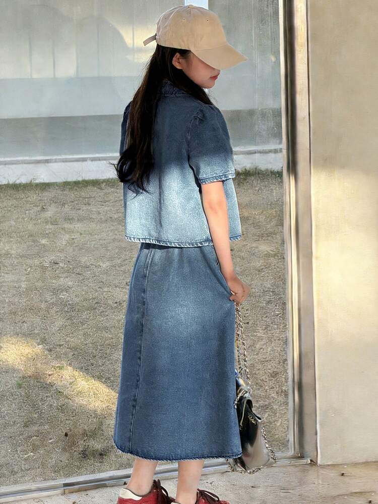 Tween Girls Puff Sleeve Top And Denim Skirt Set Summer