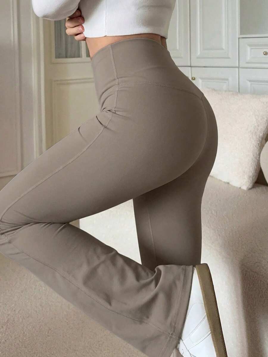 DAZY Quần ống loe cạp cao màu trơn dành cho nữ, kiểu dáng thường ngày. - Màu Khaki - Xem 1