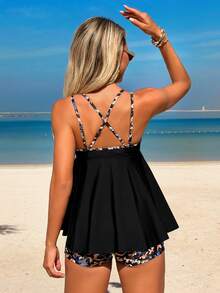 2026Swim Lushoire Modischer und eleganter schwarzer Retro-Badeanzug, Paisley-Muster mit Schleife, Spaghetti-Träger mit Ring-Dekor Bikini-Top und -Hose 2-teiliges Set - Schwarz - Übersicht 2