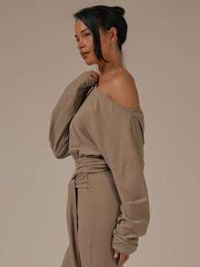 MUSERA Soft Cinched Waist Off Shoulder Long Sleeve Top Spring Summer Cute Cosy Cottage Core Spring Dew - Camel - View 3