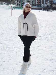 salliqueen Women's Elegant Minimalist Commuting Daily New Fashion V-Neck Contrast Color Button Batwing Sleeve Silhouette Khaki Overcoat, Fall Winter Clothes For Women Women's Winter Coat Women's Winter Jacket - Khaki - View 6