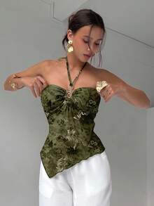 Aloruh Áo hai dây mùa hè dành cho nữ, màu trơn, xếp ly, vạt bất đối xứng, kiểu cổ yếm thời trang. - màu xanh lá - Xem 5