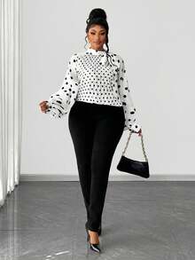 Maweii 大码女士优雅波点雪纺印花薄纱领蝴蝶结前褶泡泡袖衬衫，适合音乐会、郊游、夜间约会、派对、圣诞节、新年等各种场合。 - 彩色 - 查看 5