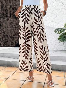 SHEIN Clasi 女士新款优雅高腰梭织印花长裤，带口袋，弹力腰带阔腿裤，适合度假和日常穿着。女士节送给妈妈的优雅礼物，节日装扮，海滩约会之夜，夏季女士装扮。优雅的办公室女神，复古韵味，简洁修身，适合职场穿着。送给妈妈的礼物。A字型节日装扮，海滩约会之夜，大地色披肩，棕色抽象印花，树叶印花，系带居家办公装扮。冬季女童紧身裤，亚麻裤，树叶印花裤，图案亚麻裤，女士亚麻裤，休闲裤。 - 彩色 - 查看 5